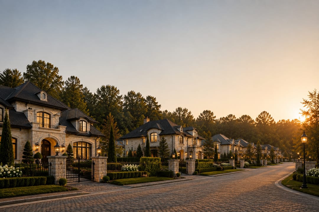 A two-storey detached residence in stone and brick at dawn, woodland rising behind the roofline