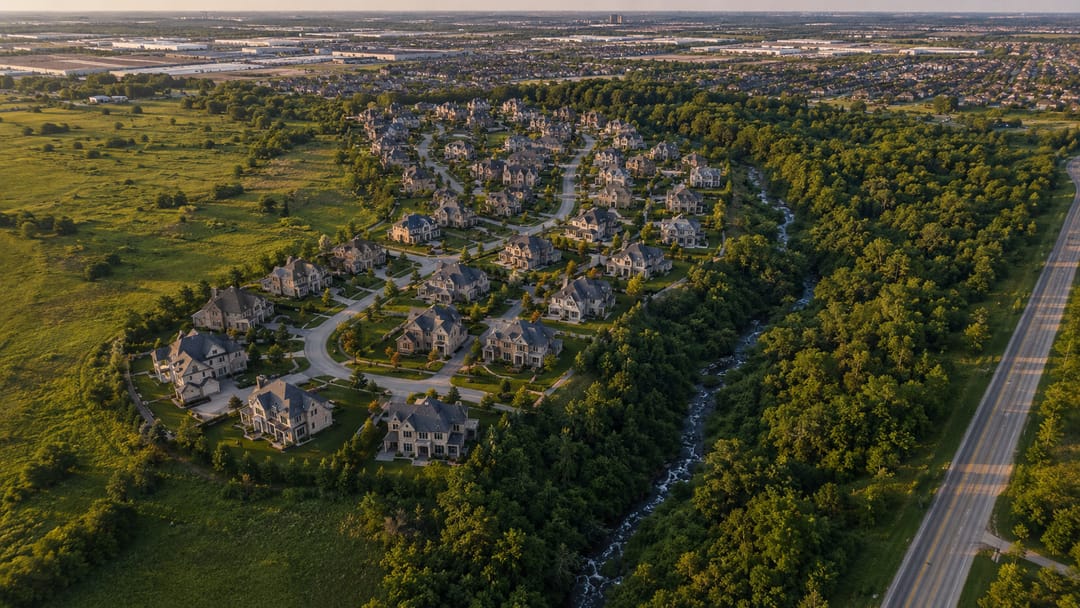 Aerial view of the Rosemont Grove enclave beside the creek corridor and preserved woodland