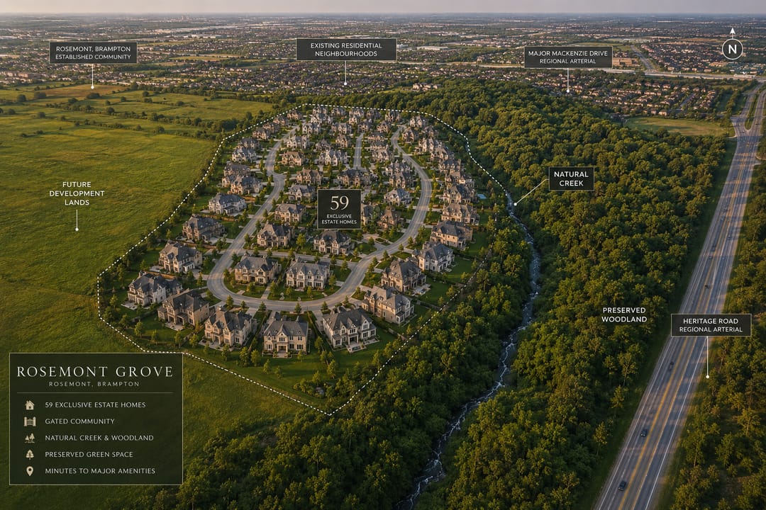 Aerial of the established Bram West community beside the creek corridor and Heritage Road