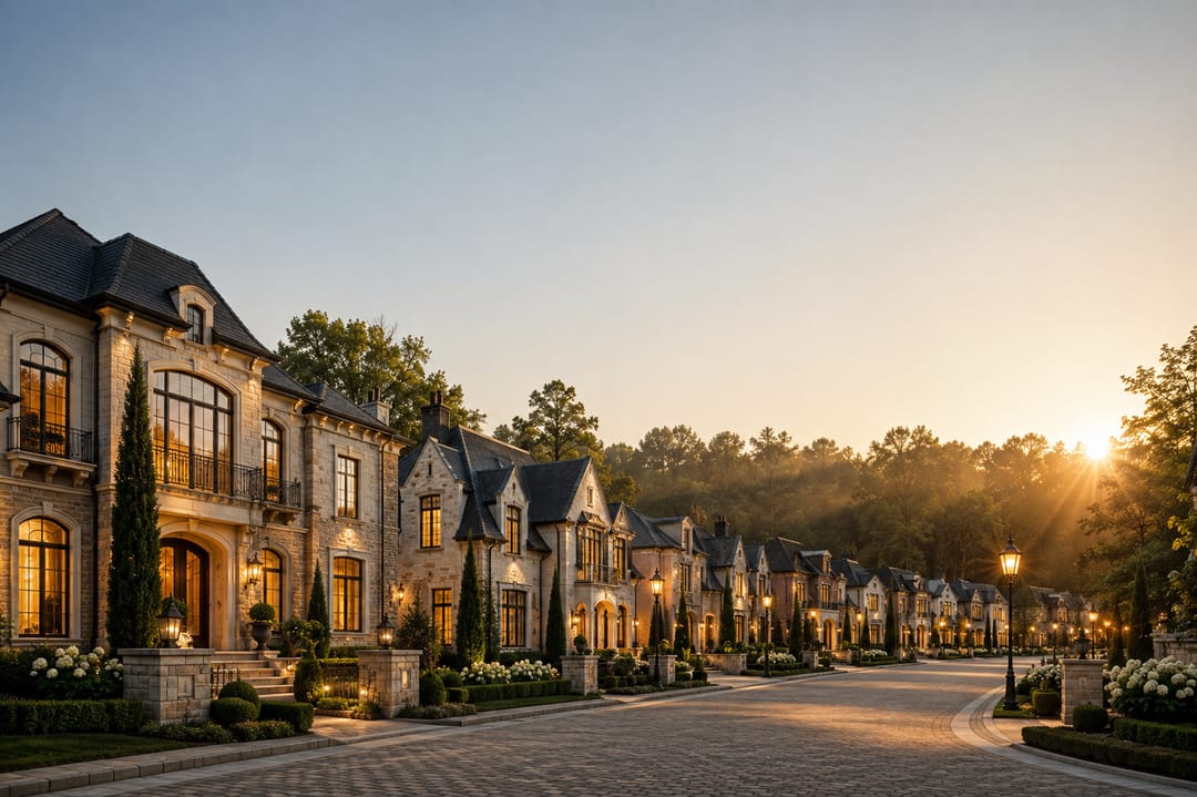 A private enclave street of limestone detached homes at golden hour