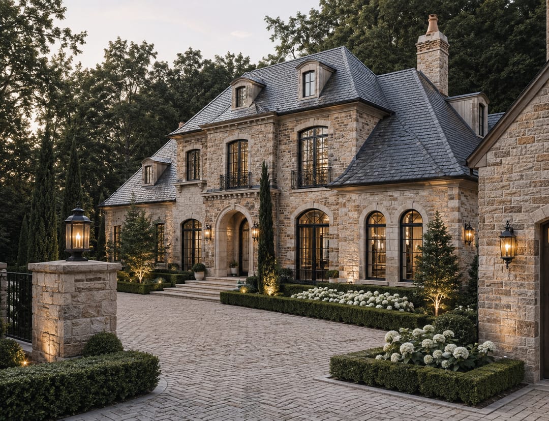 38' detached — stone residence with arched entry and landscaped court at dusk