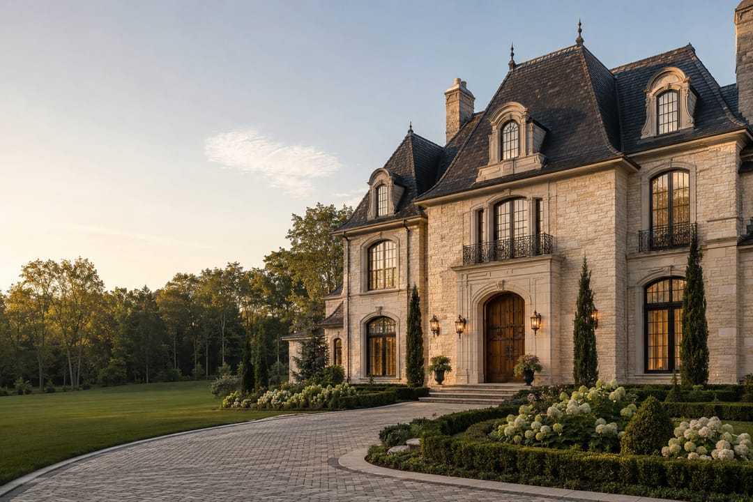41' detached — grand limestone residence with turret roofline at golden hour