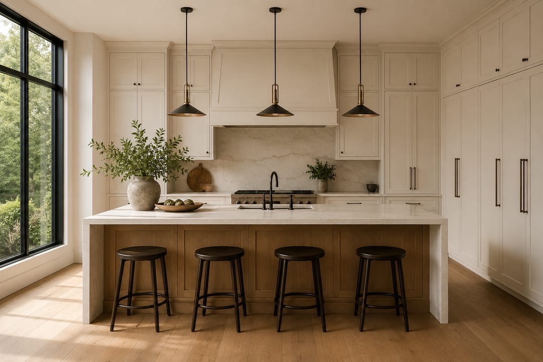Kitchen with stone island, brass pendants and oak floors