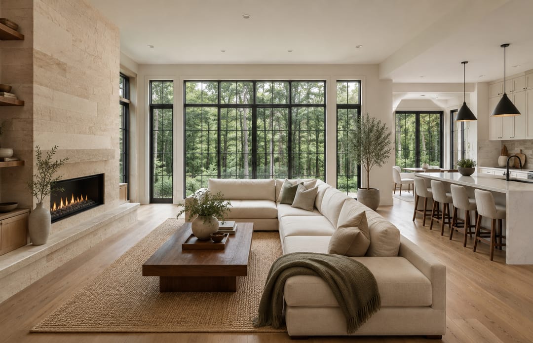Great room with linear fireplace and woodland views