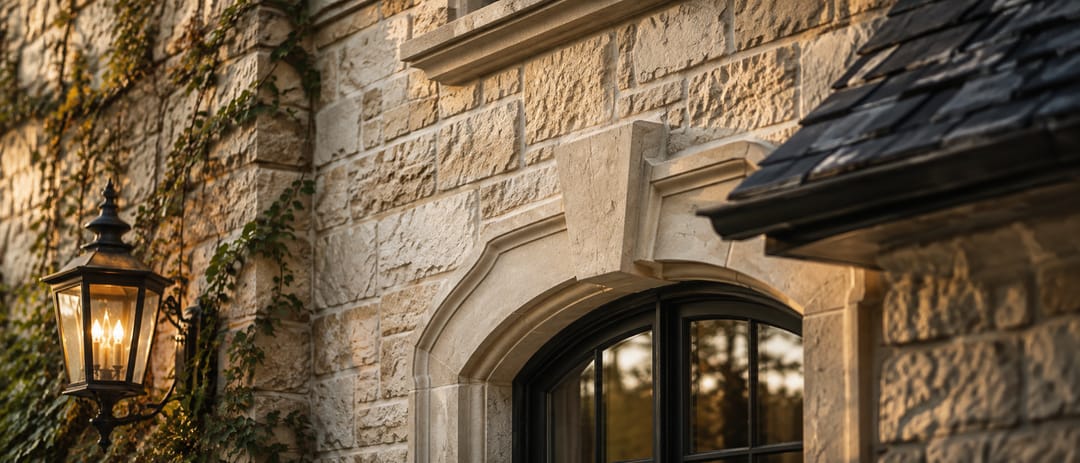 Hand-set limestone detail with lantern at golden hour