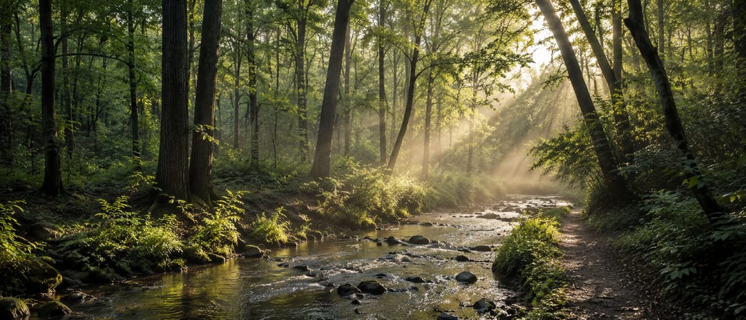 A creek winding through mature Ontario woodland, morning light through the canopy